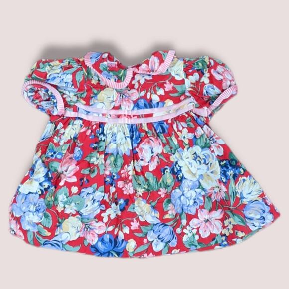 Vintage Girls Polly Flinders 18M 80s Red Pink Floral Babydoll Style Dress EUC